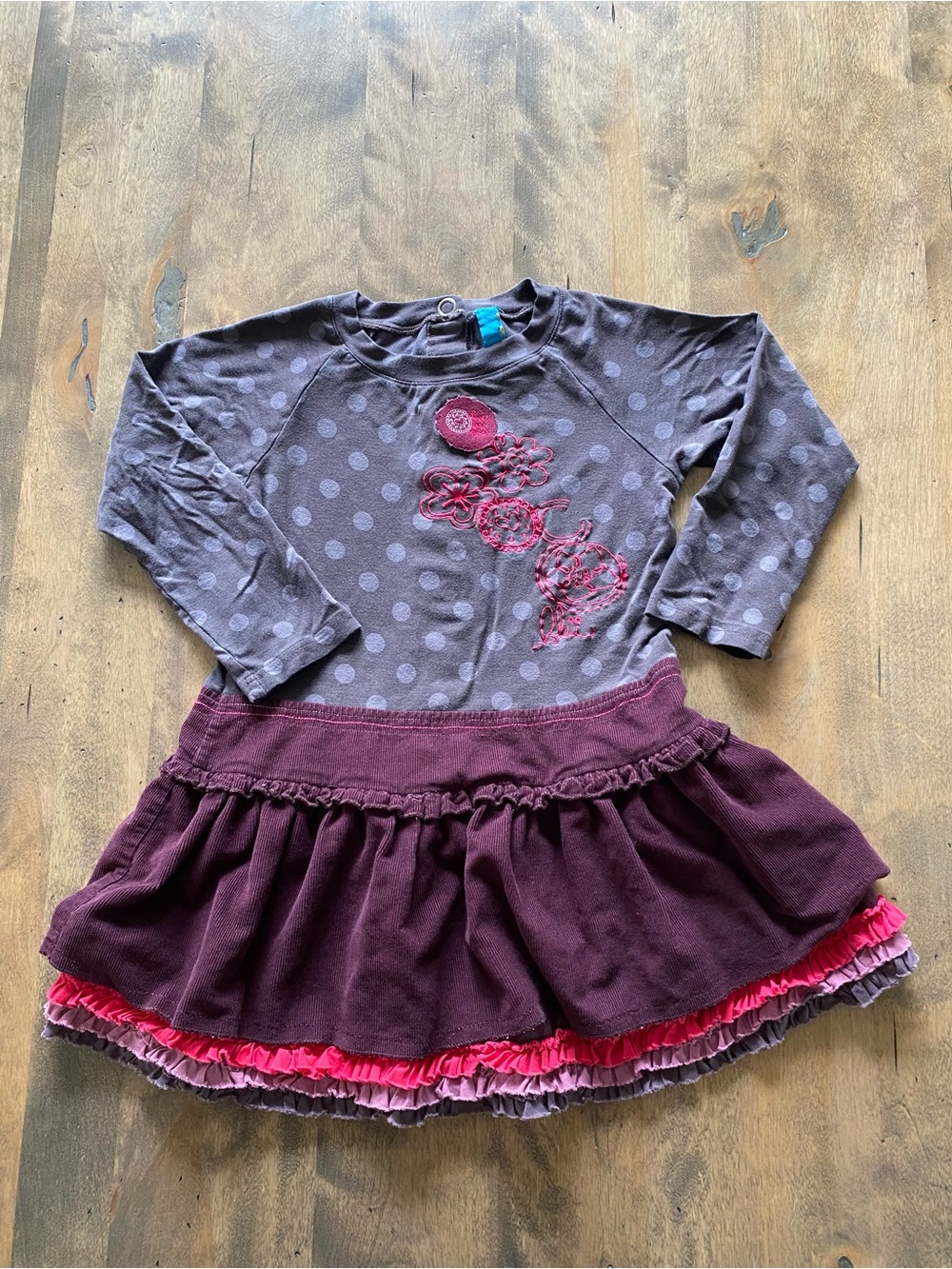 Girls' Long Sleeve Polka Dot Dress with Ruffle Skirt - Gray & Plum